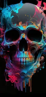 Colorful and vibrant skull art wallpaper with abstract design on black background.