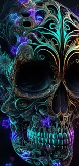 Intricate neon skull artwork with vibrant teal hues.