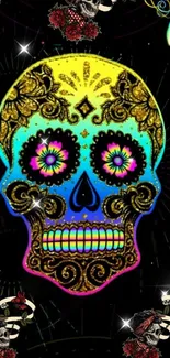 Vibrant skull art wallpaper with neon colors.