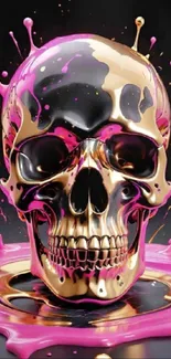 Metallic skull with pink and gold paint splashes on a dark background.