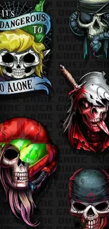 Vibrant skull art wallpaper with colorful designs on a dark background.