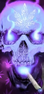 Neon purple skull with cannabis leaves, glowing art.