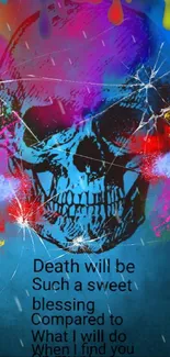 Vibrant skull graphic with colorful, graffiti-like splashes on a mobile wallpaper.