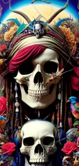 Vibrant skull art wallpaper with floral and colorful details.