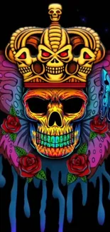 Colorful skull with crown and roses on a black background.