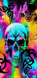 Neon skull art with vibrant colors and abstract design elements.