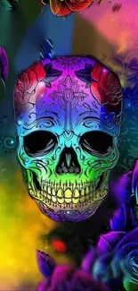 Colorful skull art mobile wallpaper with floral details.