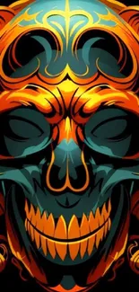 Vibrant orange skull art wallpaper with intricate design elements.