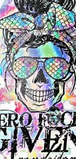 Vibrant skull art with colorful hues and bold "Zero Given" statement.