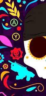 Colorful skull art wallpaper with vibrant design elements.