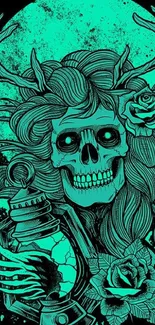 Turquoise skull art with antlers and roses on a dark background.