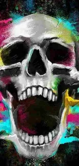 Colorful skull artwork with vibrant splashes on black background.