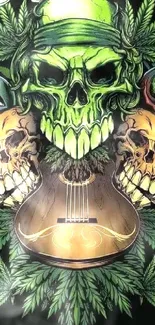 Green skull art with guitar and leaves on wallpaper.