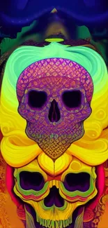 Vibrant and colorful psychedelic skull art wallpaper for mobile.