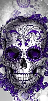 Intricate skull design with purple floral patterns on mobile wallpaper.