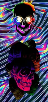 Psychedelic skull wallpaper with vibrant neon colors and dynamic patterns.