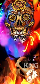 Colorful skull with neon colors and fire effects wallpaper.