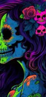 Vibrant neon skull art mobile wallpaper in purple, blue, and pink hues.