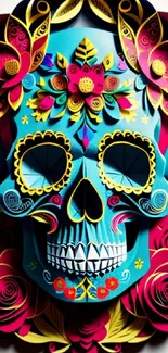 Vibrant skull art with colorful floral patterns and bold design elements.