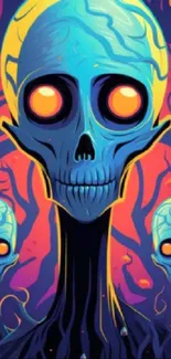 Psychedelic skull wallpaper with vibrant colors and surreal design.