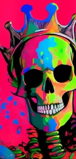 Vibrant skull with a crown on pink background, colorful and bold design.