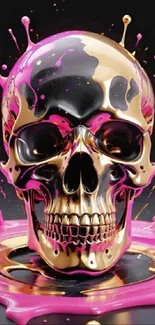 Colorful skull with pink and gold splashes on a dark background, mobile wallpaper.