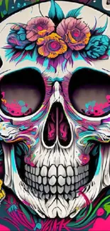 Colorful skull wallpaper with vibrant floral art design.