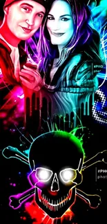 Vibrant neon art wallpaper with couple and skull design.