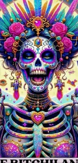 Vibrant, colorful Day of the Dead skeleton art with floral details.