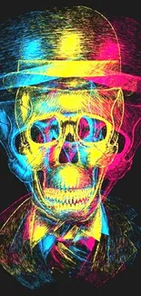 Neon-colored skull art with a dark background.