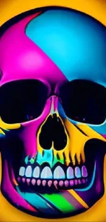 Vibrant neon skull with colorful abstract design.