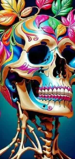 Vibrant skull with colorful floral design.