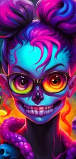 Psychedelic skull with neon colors in vibrant phone wallpaper.