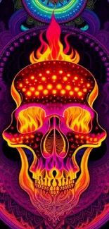 Vibrant skull wallpaper with fiery and psychedelic colors.