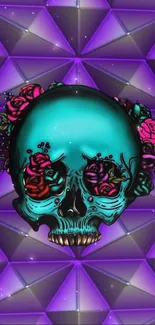 Vibrant skull with flowers on a geometric purple background.