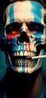 Artistic skull with blue and red paint on a dark background.