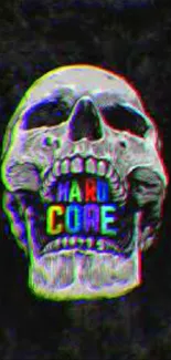 Colorful glitch skull with Hard Core text.