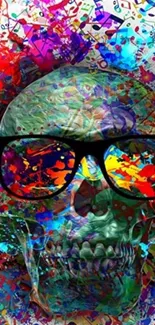 Colorful skull with glasses in abstract artistic design.