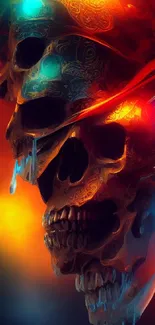 Vibrant artistic skull wallpaper with fiery colors.