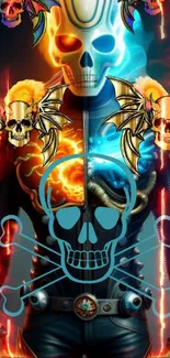 Vibrant skull art with fiery accents and bold colors in this striking mobile wallpaper.