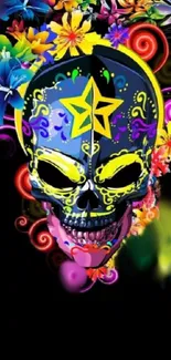 Colorful skull and floral mobile wallpaper in vibrant hues.