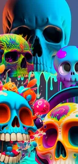 Colorful vibrant skull art wallpaper with neon hues.