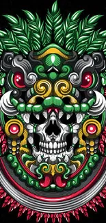 Intricate and colorful skull design on a mobile wallpaper.