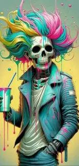 Skull with vibrant hair and drink in colorful digital art.