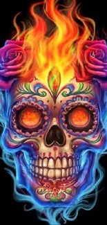 Colorful skull with flames and roses on black background.