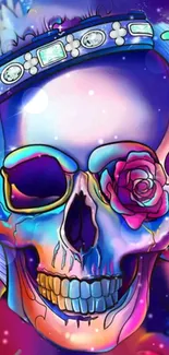 Vibrant skull art wallpaper with neon colors and rose accent.