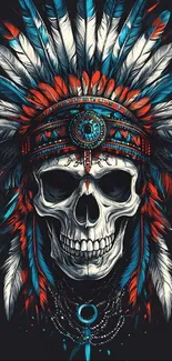 Artistic skull wallpaper with vibrant colors and feather details on dark background.