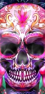 Artistic colorful skull with roses on a purple background.