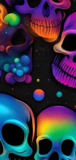 Colorful artistic skulls on a black background.