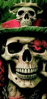 Intricate skull artwork with roses and vibrant colors.